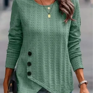 Women's Long Sleeve Round Neck Top Solid Color Button Jacquard T-Shirt Elegant Trend Autumn Top