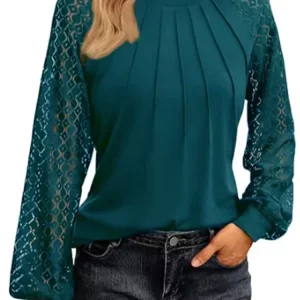Round Neck Solid Color Long Sleeved Pleated Lace Women's T-shirt Fashionable Office Elegant Commuting Style Autumn Top