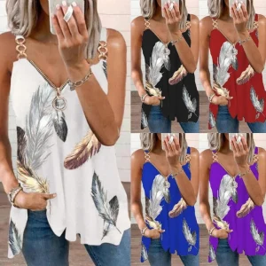 2023 Summer Women T-Shirts Fashion The New Casual Blouse Chain Cold Shoulder Sleeveless T-Shirt Sexy V-Neck Feather Print Tops